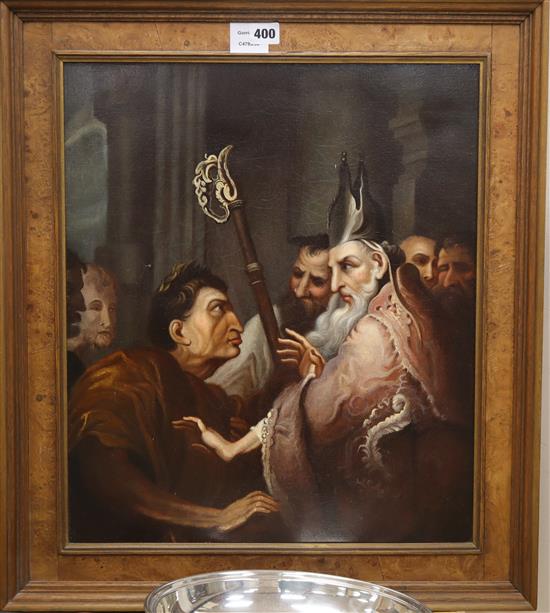 Old Master, oil on canvas, A Bishop with a crozier and figures, 51 x 44cm